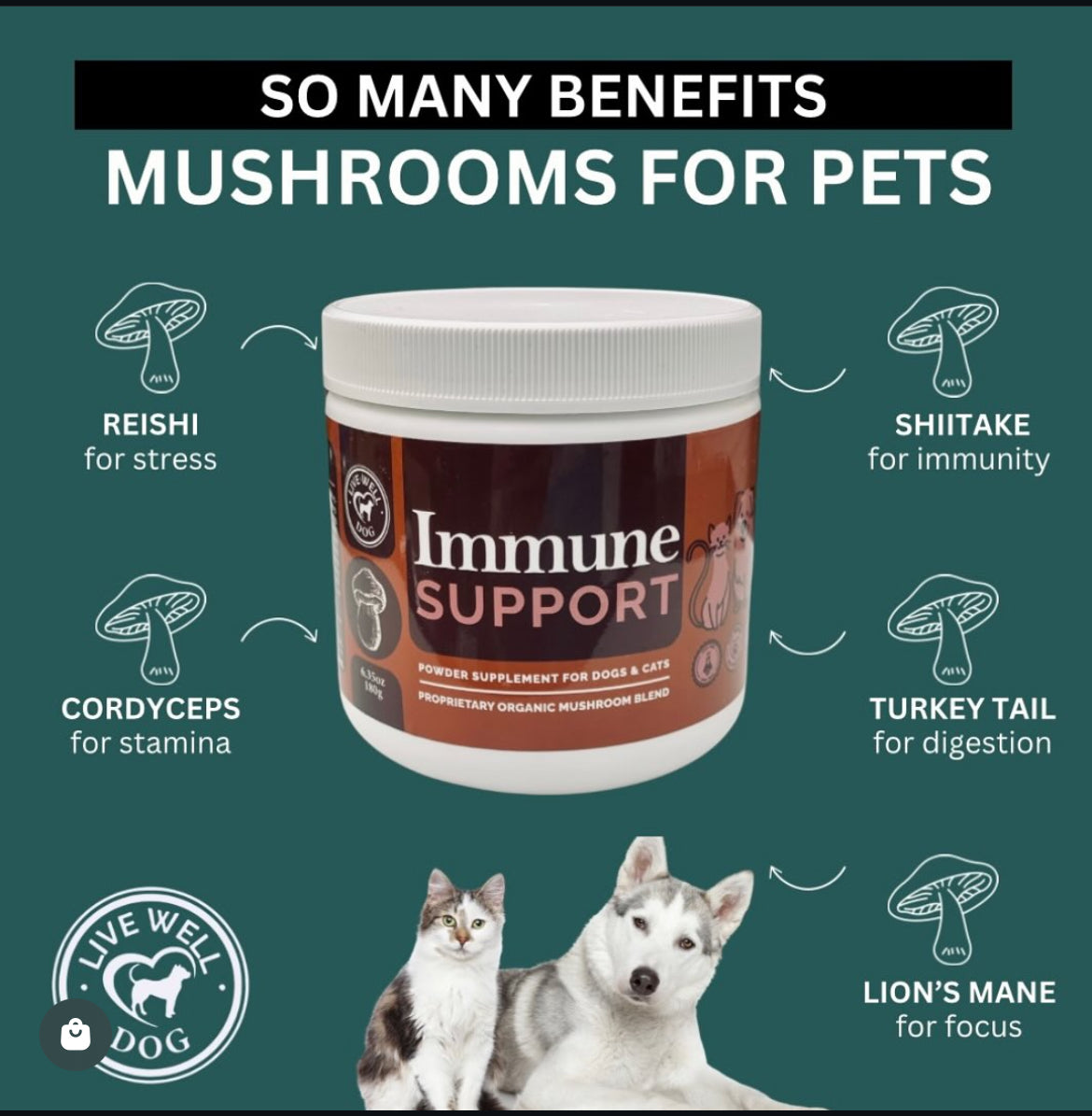 Live Well Dog Immune Mushroom Powder Food Topper for Dogs and Cats 300g